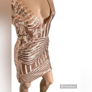 BBX Pink Mini Sequins Shimmering Deep Double V Mini Sleeveless Dress W/Zipper